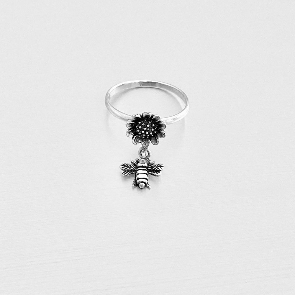 Silver Sunflower And Dangle Bumblebee Ring, Flowe… - image 3